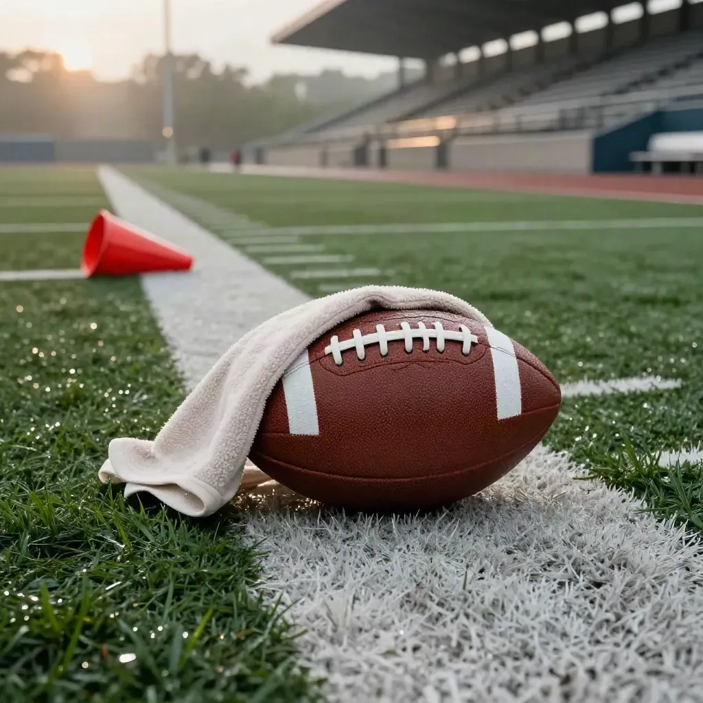 Football on a wet sideline stripe with towel, red cone, and misty empty stadium