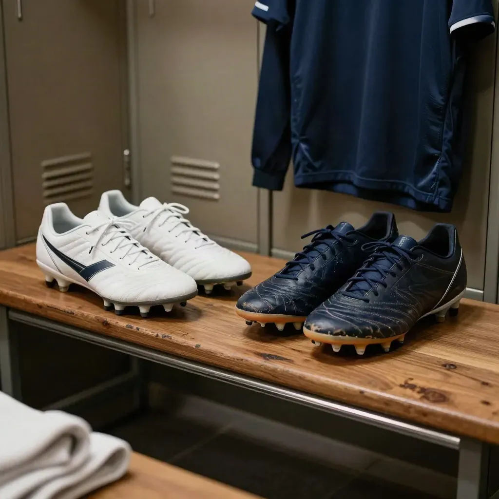 Rival football boots and warmup tops staged on a locker-room bench under hazy light.