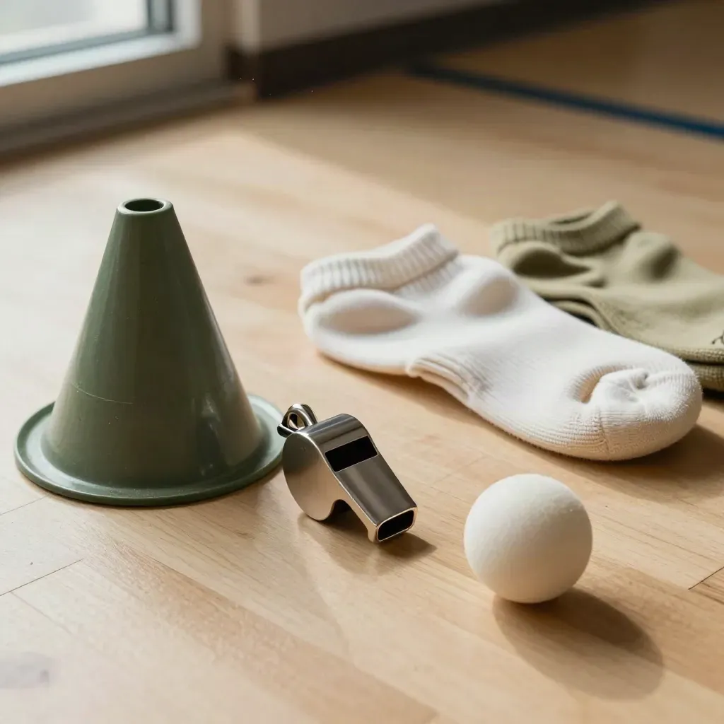 Whistle, foam ball, cone, and socks on a gym floor in bright window light