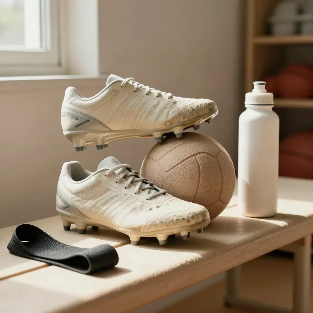 Sports gear under $100 on a bench: cleats, training ball, water bottle and resistance band.