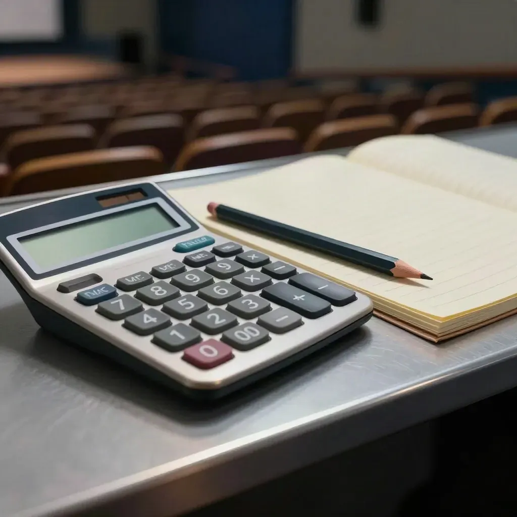 Scorer’s table with calculator, pencils and stat pad beside empty arena seats.