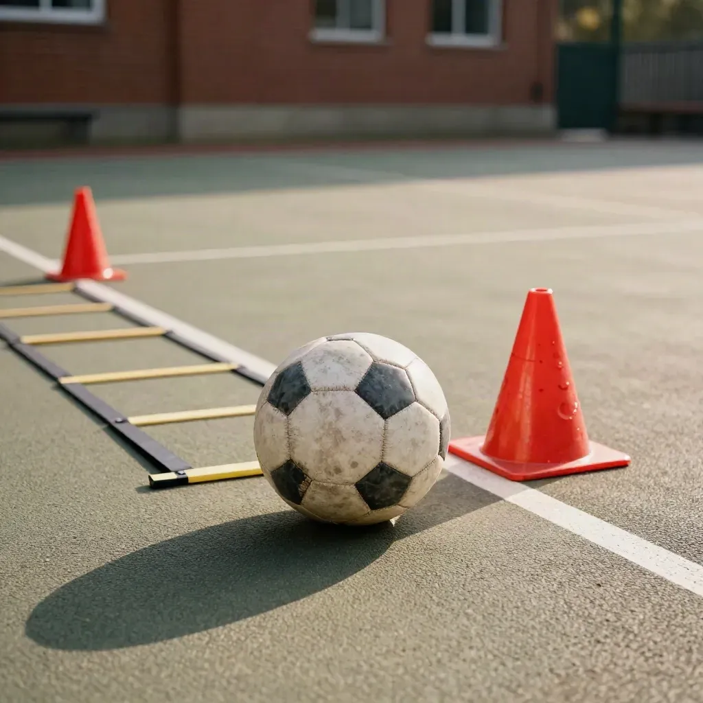 Kid-sized soccer ball, cone, and training ladder on a sunlit school court.