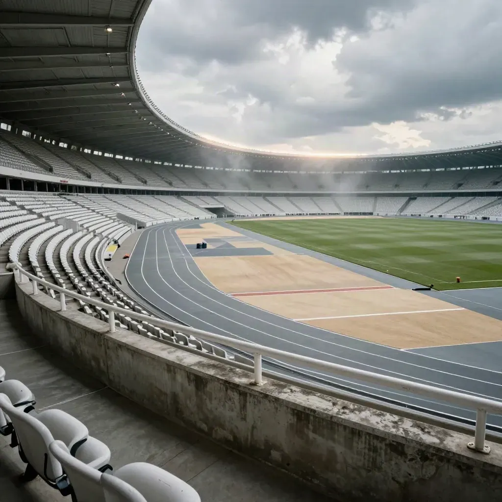 Empty athletics stadium under shifting clouds, with track, stands, and distant play areas.