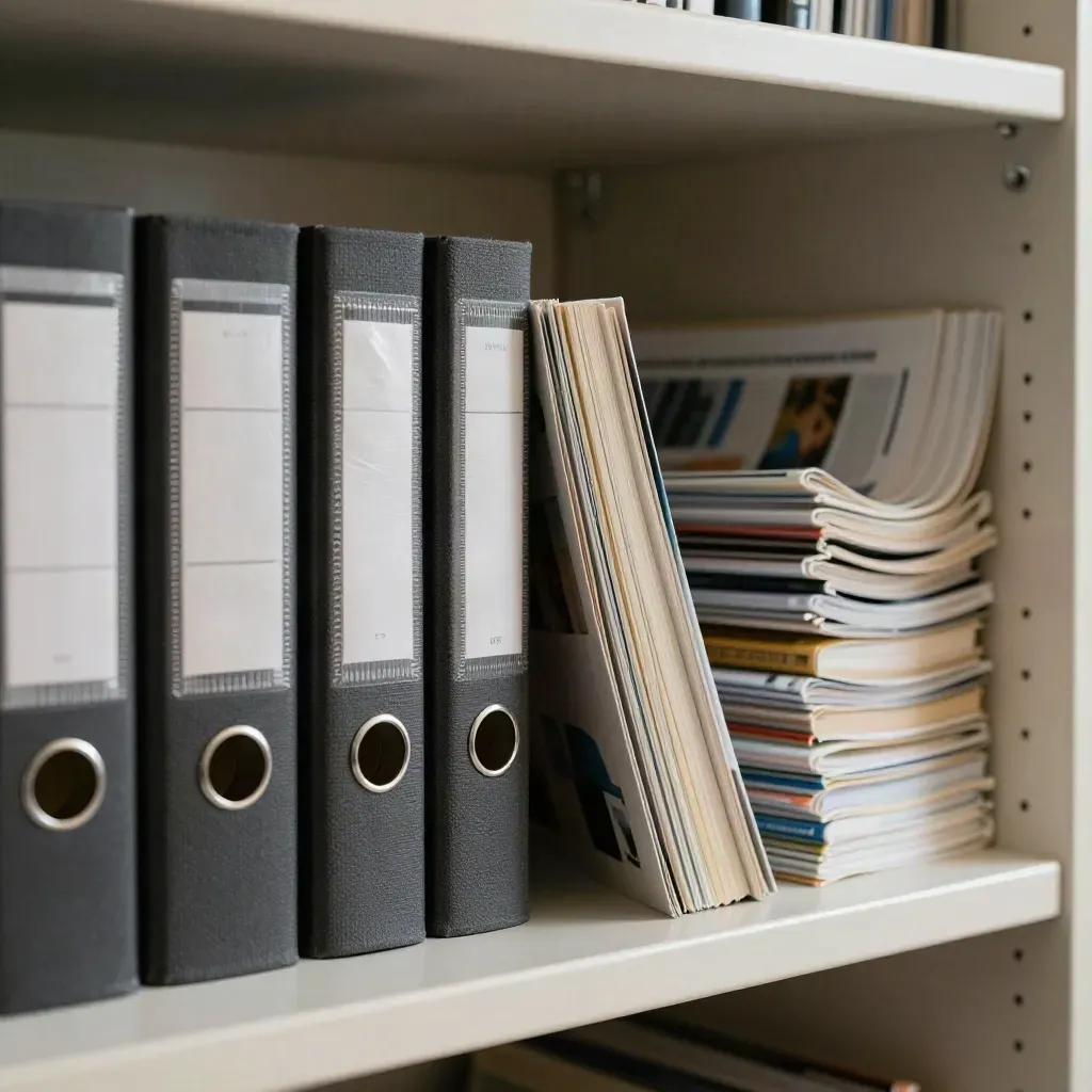 Angled overhead close-up of sports guide binders and archived magazines on a shelf