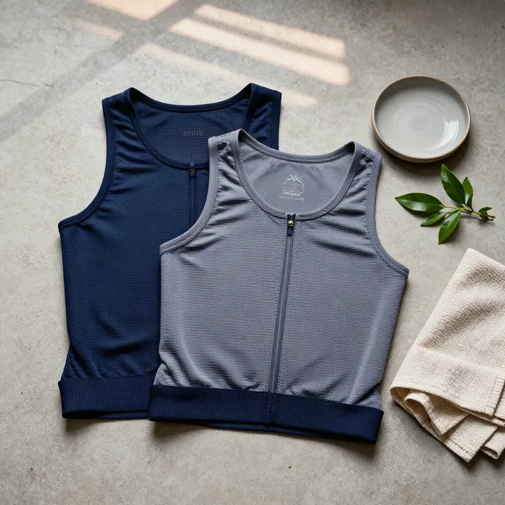 Overhead flatlay of folded team bibs with dish, greenery, and cloth on concrete