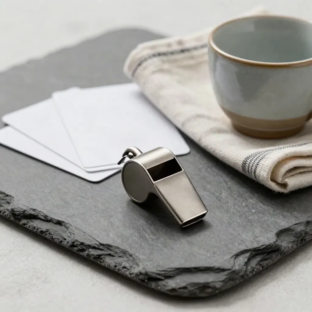 Referee whistle with penalty cards, striped cloth, and ceramic cup on a stone tray.