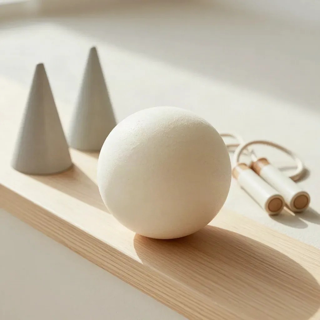 Cream foam ball with cone and jump rope on a pale wooden ledge in soft morning light