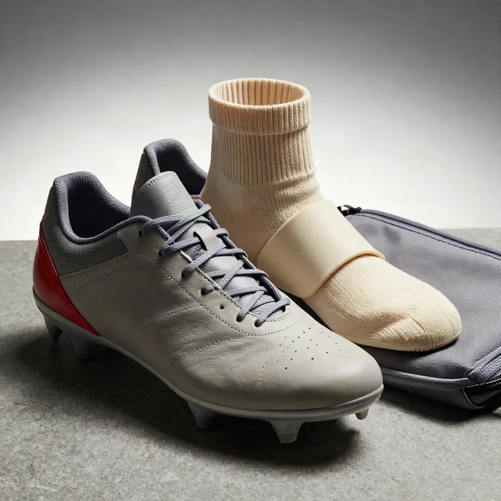 Training cleats with shin guards, socks and kit pouch on stone in soft side light