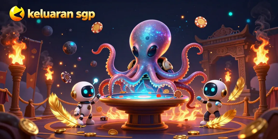 Play exciting keluaran sgp at a vibrant holographic poker table managed by a cosmic octopus.
