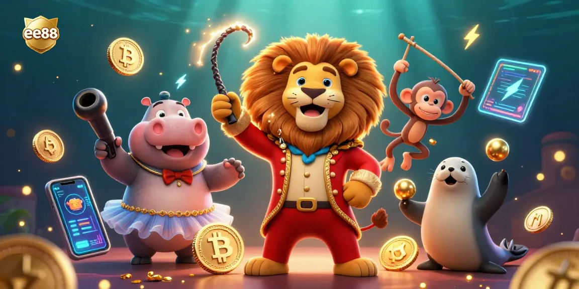 Engage with ee88's vibrant circus theme, featuring crypto coins and whimsical 3D characters.