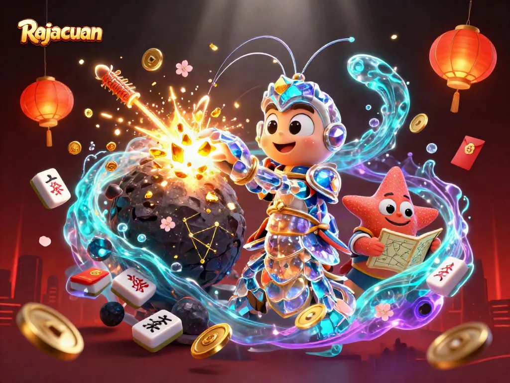 Experience winning strategies in Rajacuan with a vibrant 3D illustration of a samurai mantis shrimp and casino elements.