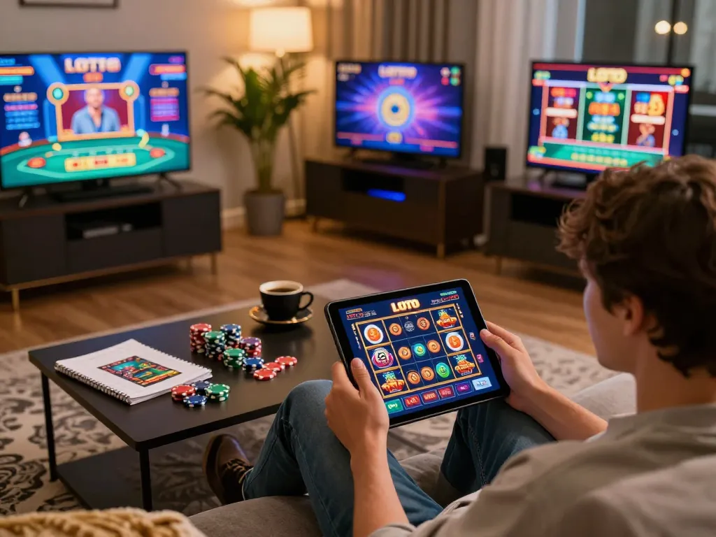 Player engaging on LOTO 188 interface via tablet in a cozy home gaming setup, showcasing dynamic online gambling experience.