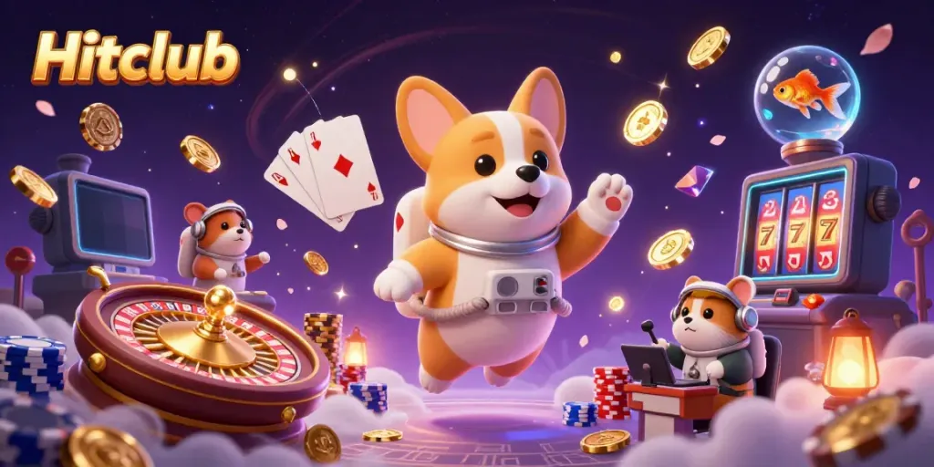 Hitclub showcases a playful scene with an astronaut corgi and a mission-control hamster amidst a dynamic casino environment.