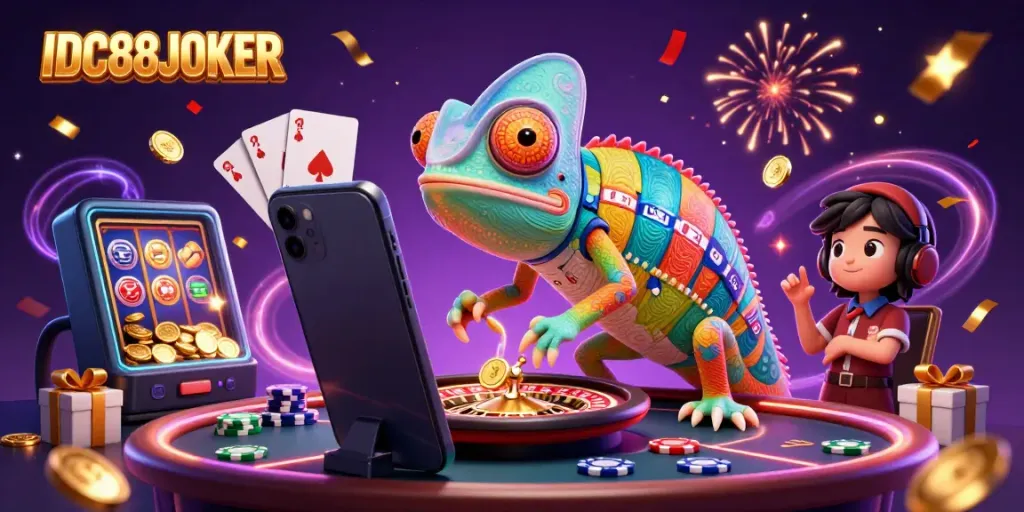 Experience the thrilling world of IDC88JOKER with vibrant 3D casino elements and a chameleon character.