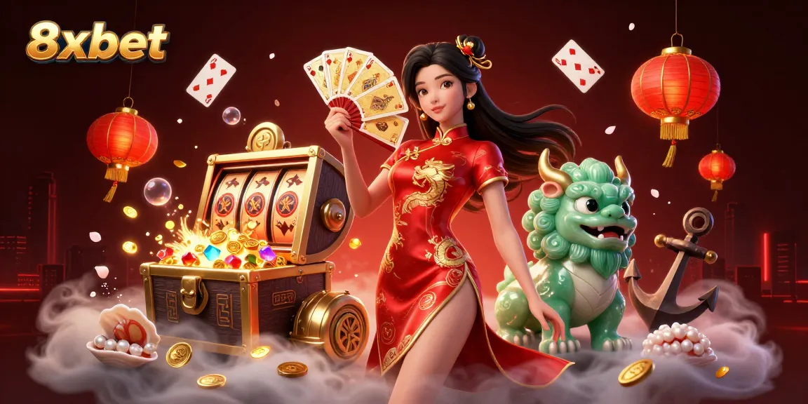 Experience thrilling gaming with 8xbet showcasing slots, cards, and vibrant casino elements.