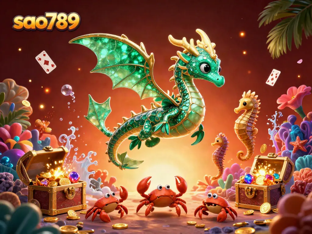 Sao789's enchanting sea dragon amid a treasure explosion, showcasing dynamic gaming excitement.