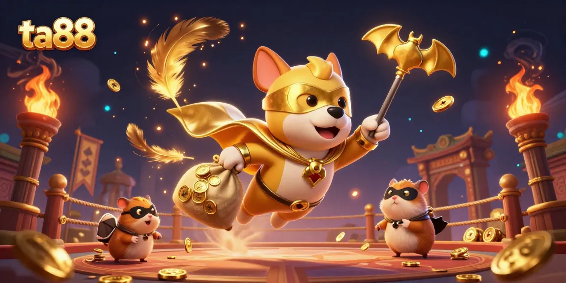 Play exciting games like ta88 with a 3D superhero dog and hamster amidst vibrant casino elements.