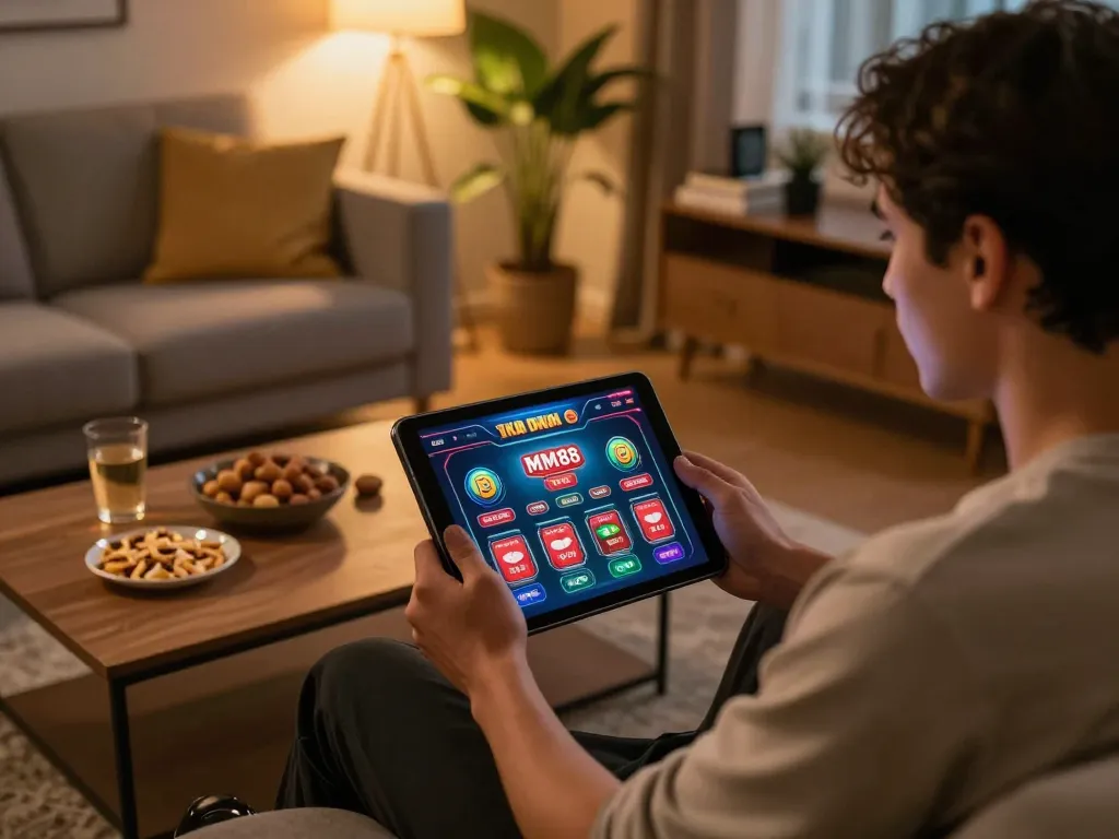 An online gamer enjoying the Trang chủ MM88 casino app at home, showcasing a relaxed atmosphere with gaming elements.