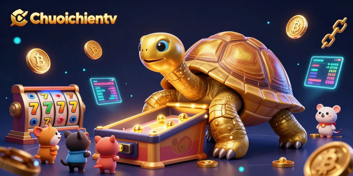 Experience exciting moments at Chuoichientv with a vibrant gaming scene featuring a colossal golden tortoise and slot reels.
