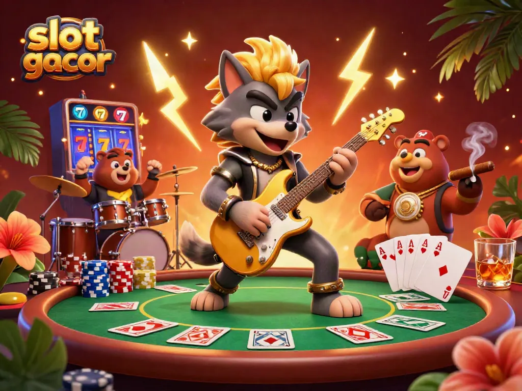 Experience the excitement of slot gacor with a vibrant 3D scene featuring a rock star wolf and a drummer bear in a lively casino setting.