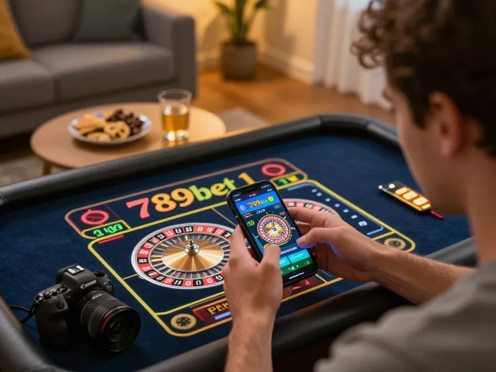 Excited player enjoying the 789bet app on smartphone while gambling online with a cozy setup.