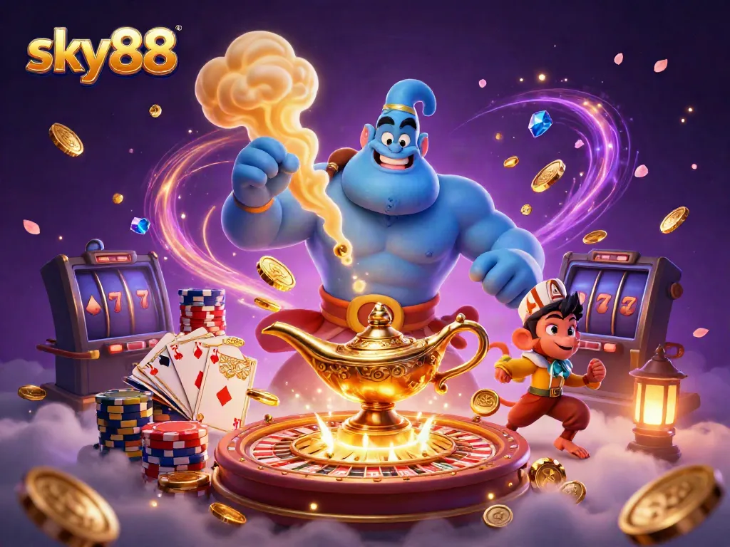 Sky88 interactive casino experience with a genie and characters in a vibrant gaming scene full of action