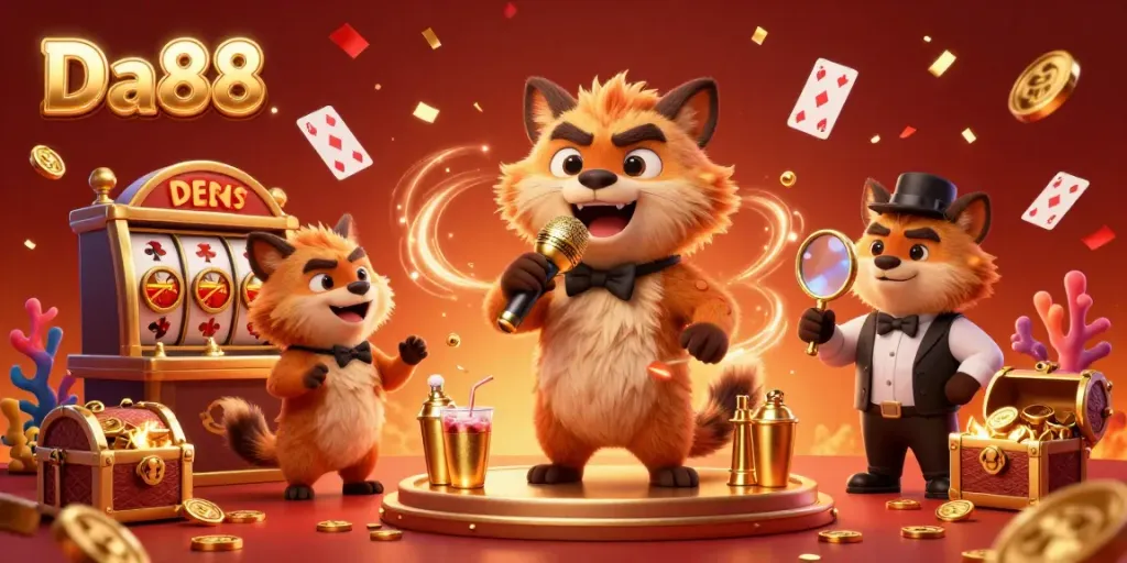 Engaging scene at Da88 casino featuring hyenas as comedy stars, colorful treasures and lively ambiance.