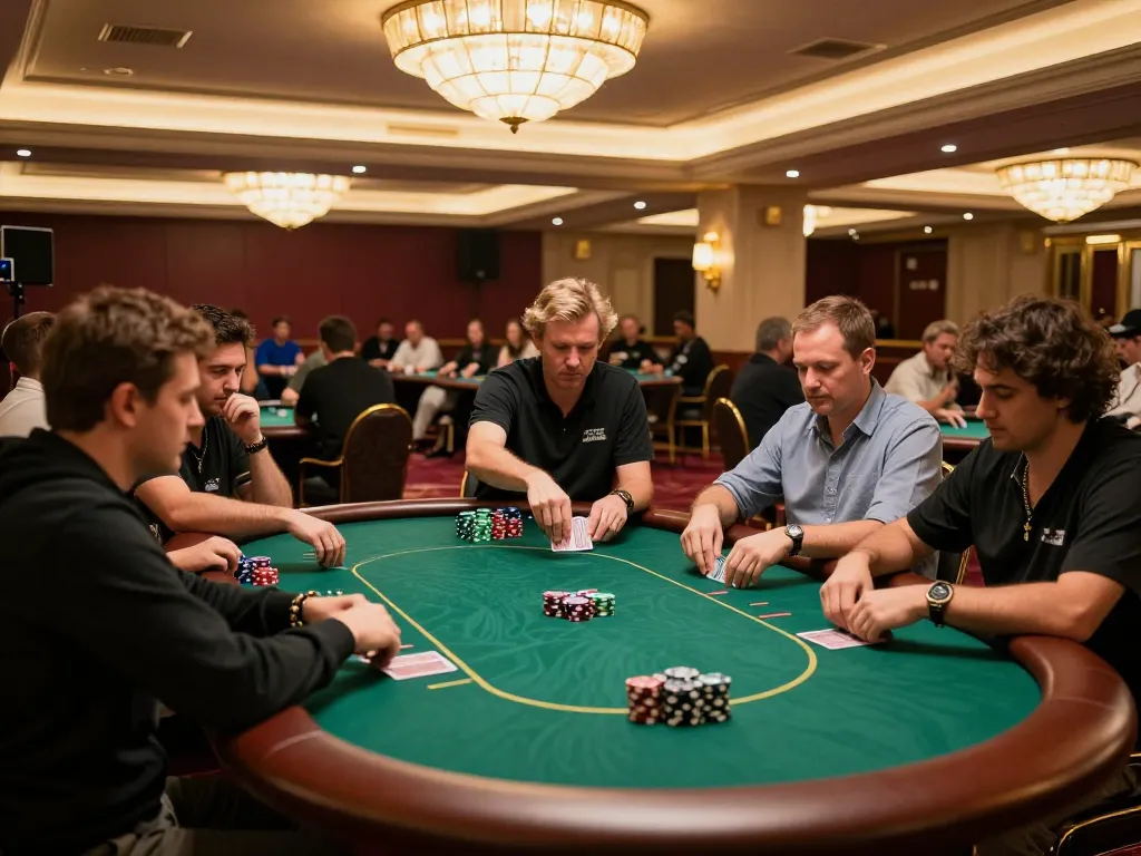 Players engaged in an intense poker game at maxpoker88's luxury casino, showcasing strategic gameplay.