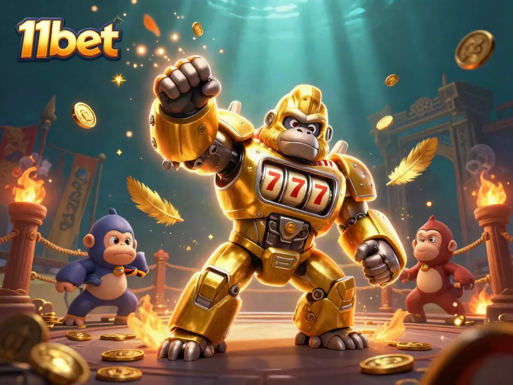 Experience thrilling wins with 11bet's 3D gaming adventure featuring a dynamic golden gorilla mech and vibrant casino elements.