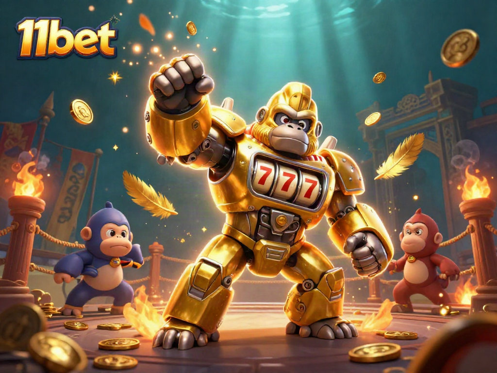 Experience thrilling wins with 11bet's 3D gaming adventure featuring a dynamic golden gorilla mech and vibrant casino elements.