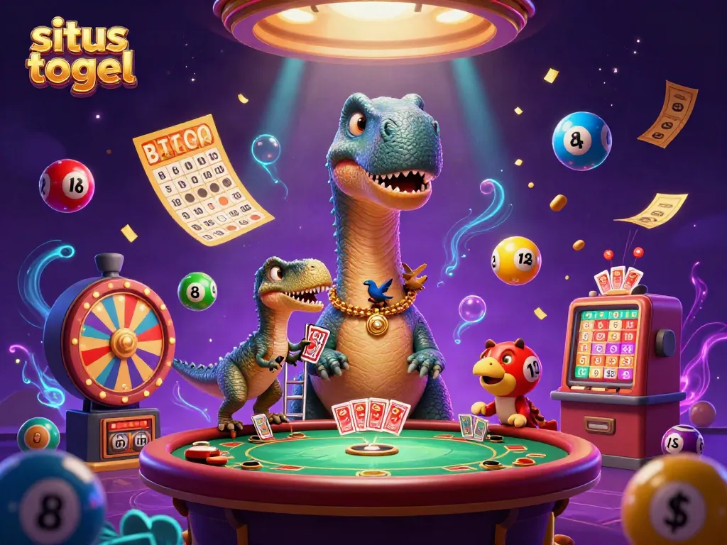 Engage in situs togel action with a vibrant casino scene, featuring cartoon dinosaurs and lively elements.