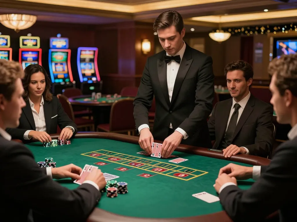 Players enjoying blackjack at TG88 casino table with professional dealer in upscale setting