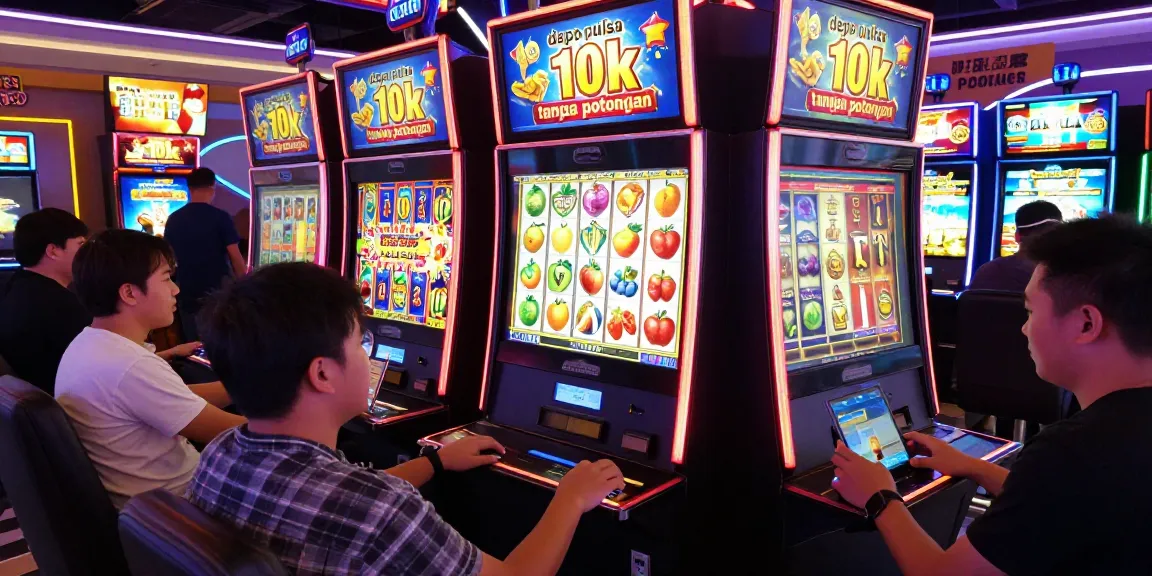 Exciting scene with gamers enjoying slot machines and depositing via depo pulsa 10k tanpa potongan with no fees.