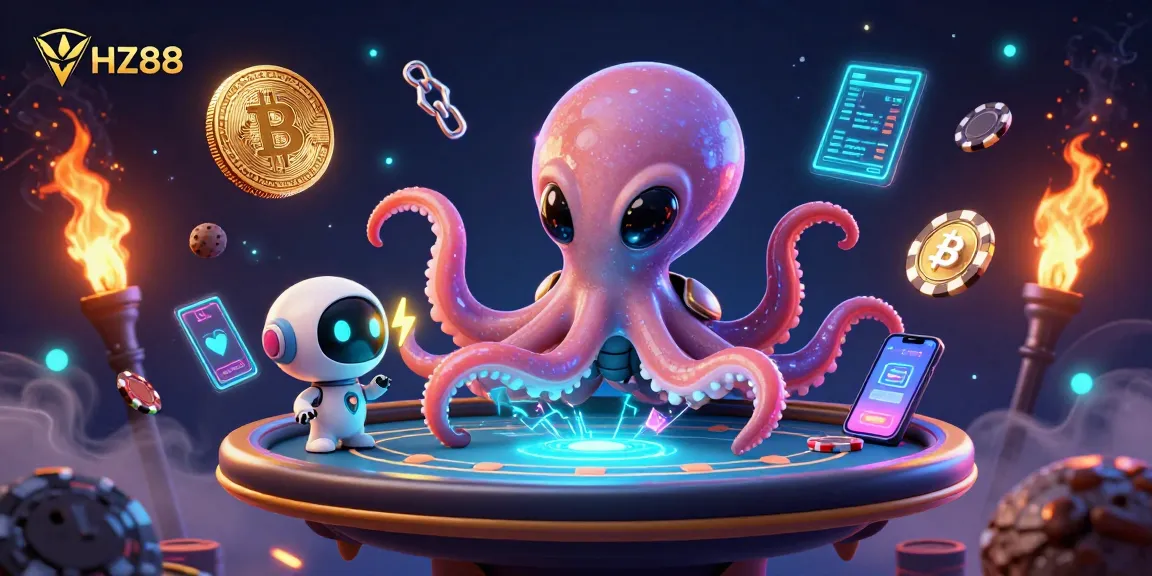 Experience HZ88's exciting gaming atmosphere with alien characters and floating poker elements in 3D.