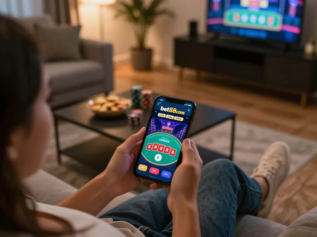 Player engaging in live dealer game on bet88com app in cozy home setting.