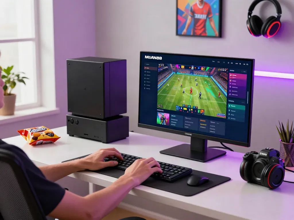 Dynamic gaming scene featuring a user engaging with MAN88 sports betting on a laptop in a modern home office.