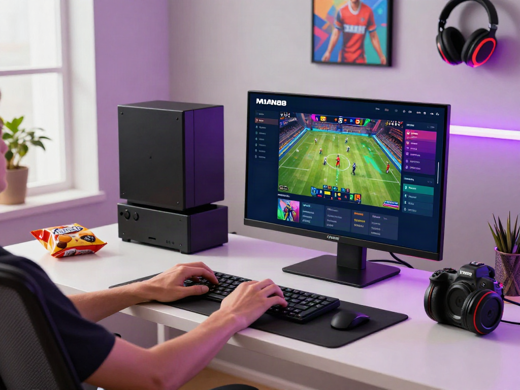 Dynamic gaming scene featuring a user engaging with MAN88 sports betting on a laptop in a modern home office.