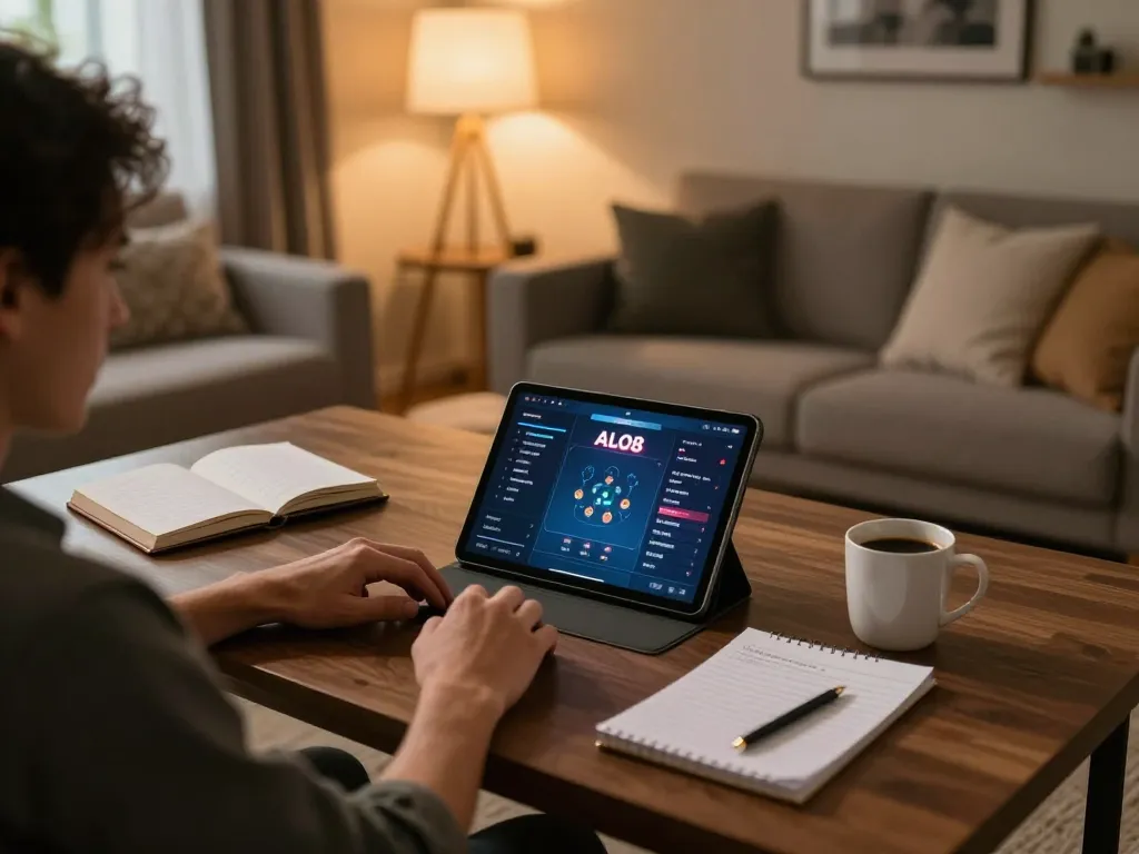 Player interacting with ALO8's online casino on tablet in a cozy home setting.