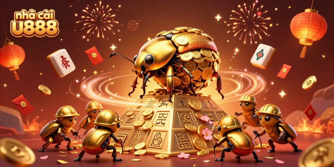 Experience thrilling action with nhà cái u888 as golden beetles roll coins in a vibrant casino scene.