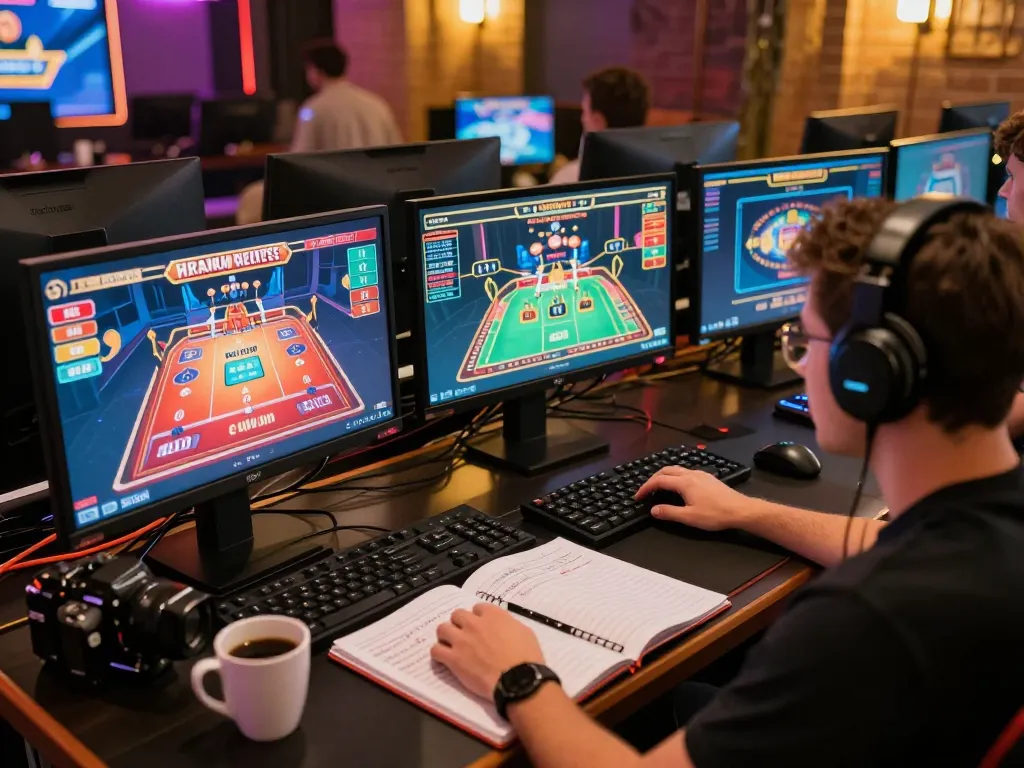 F168 user enjoying online gambling with multiple screens and strategy notes.