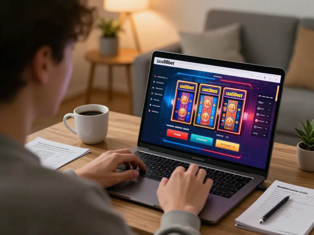 Engaged player enjoying uu88bet online slots on a laptop in a cozy home setting
