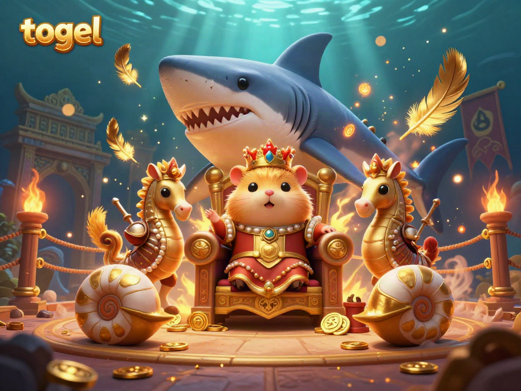 Experience the thrill of togel with a golden hamster king ruling his underwater casino kingdom amidst vibrant game elements.