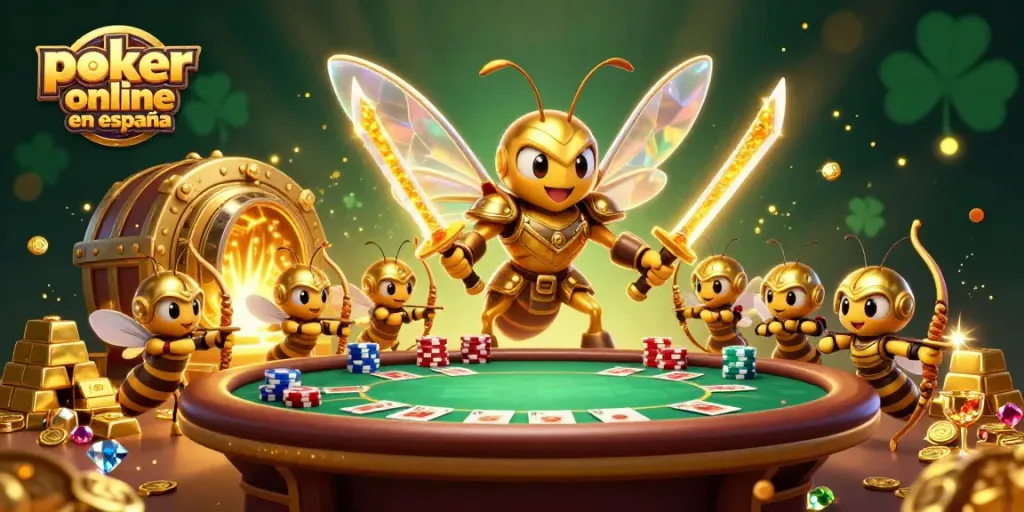 Juega póker online en España con un hornet samurái y arqueros de miel en una escena vibrante y llena de acción.