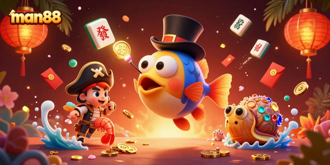 Experience the excitement of man88 with a 3D illustration of a glowing anglerfish and pirate shrimp in a vibrant casino-themed underwater setting.