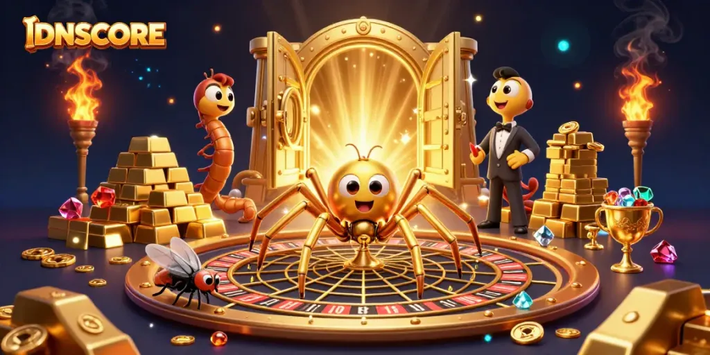 IDNSCORE showcases an exciting scene with a golden spider betting on a roulette wheel web