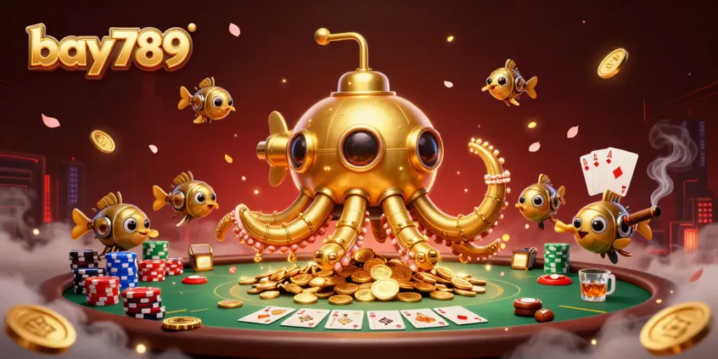 Experience the bay789 excitement with a golden kraken submarine amidst coins, poker, and rich visuals.