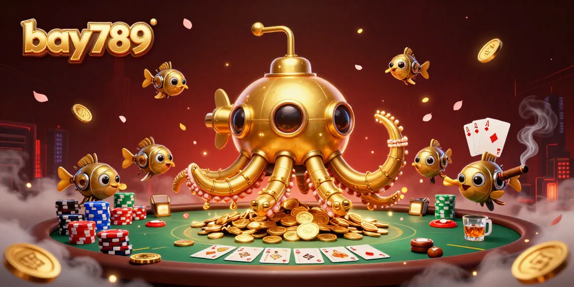 Experience the bay789 excitement with a golden kraken submarine amidst coins, poker, and rich visuals.