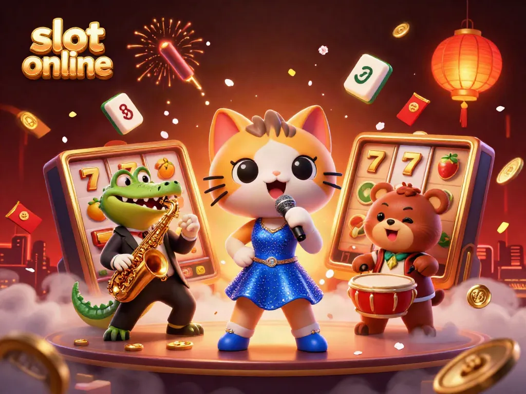 Engage with the thrill of slot online games in this vibrant 3D illustration featuring a joyful casino scene.