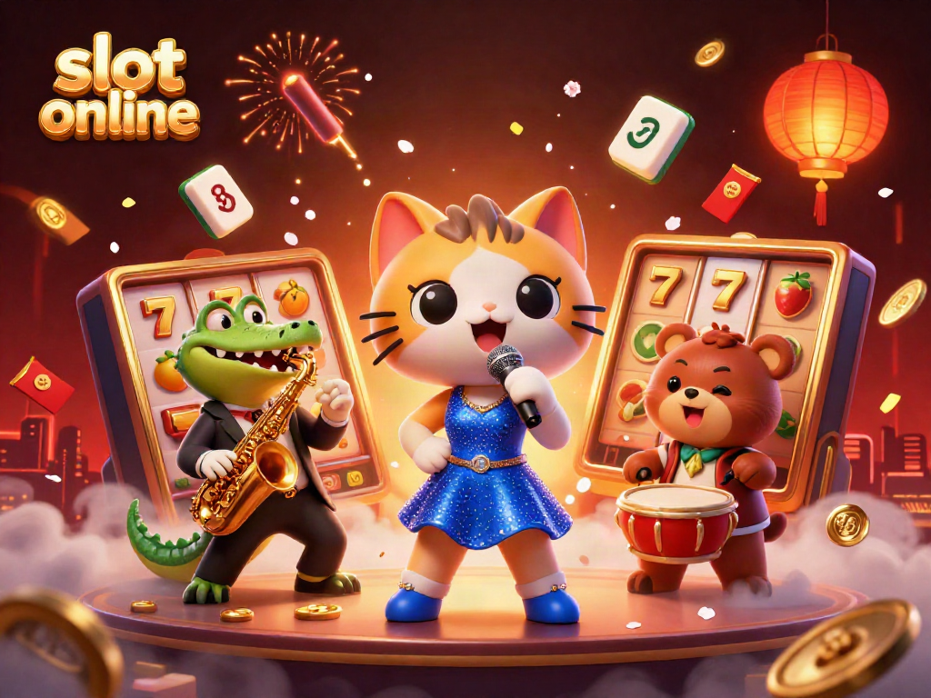 Engage with the thrill of slot online games in this vibrant 3D illustration featuring a joyful casino scene.