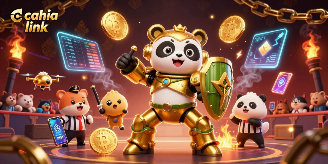 A golden panda piloting a bamboo robot promotes cakhia link in this vibrant, action-filled casino scene.